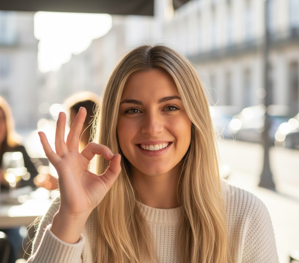 Lucía Hernández, cliente satisfecha haciendo el gesto de OK tras su experiencia con la agencia de Despedidas en Galicia