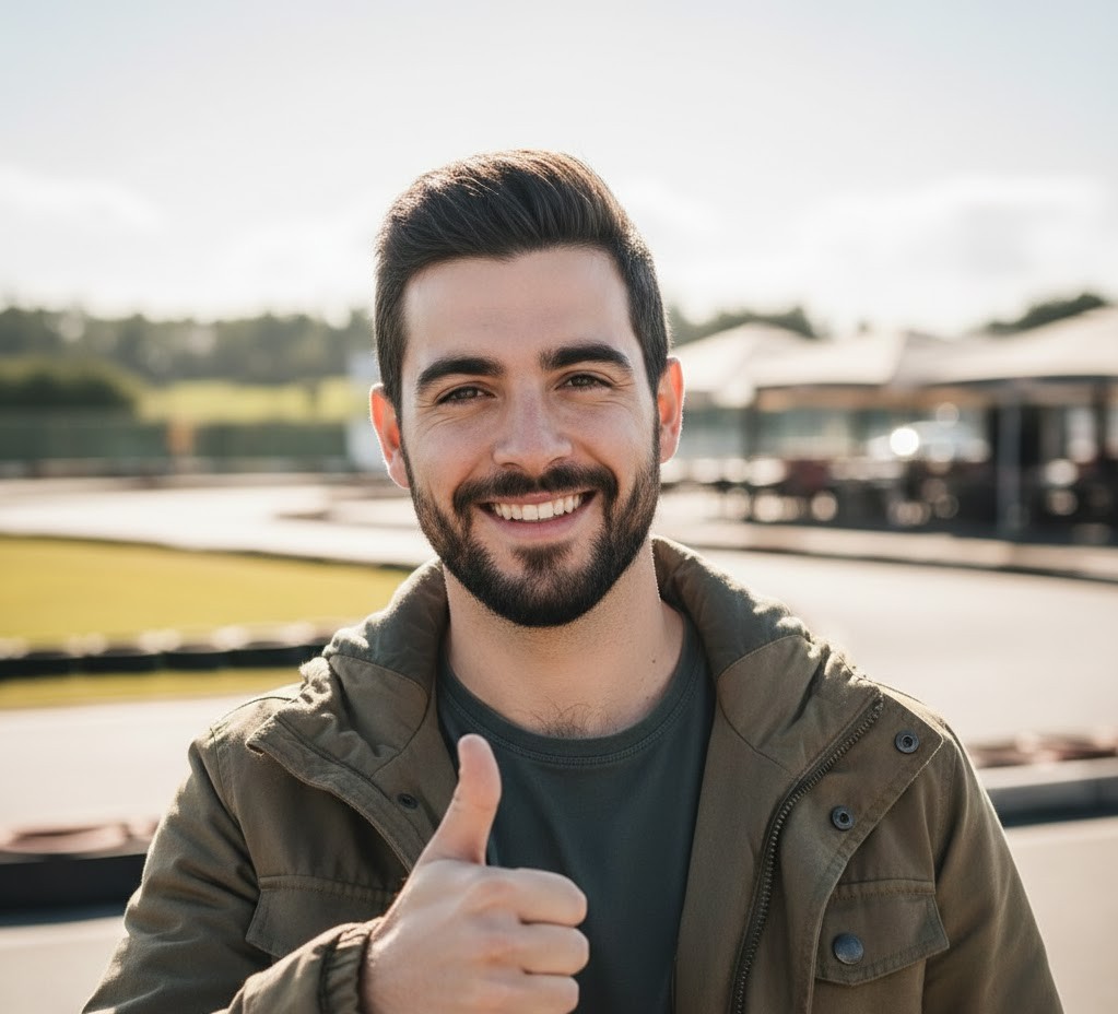 Manolo Rivas, cliente joven de Despedidas en Galicia, sonriendo y dando el pulgar arriba tras su despedida de soltero en un circuito de karts.