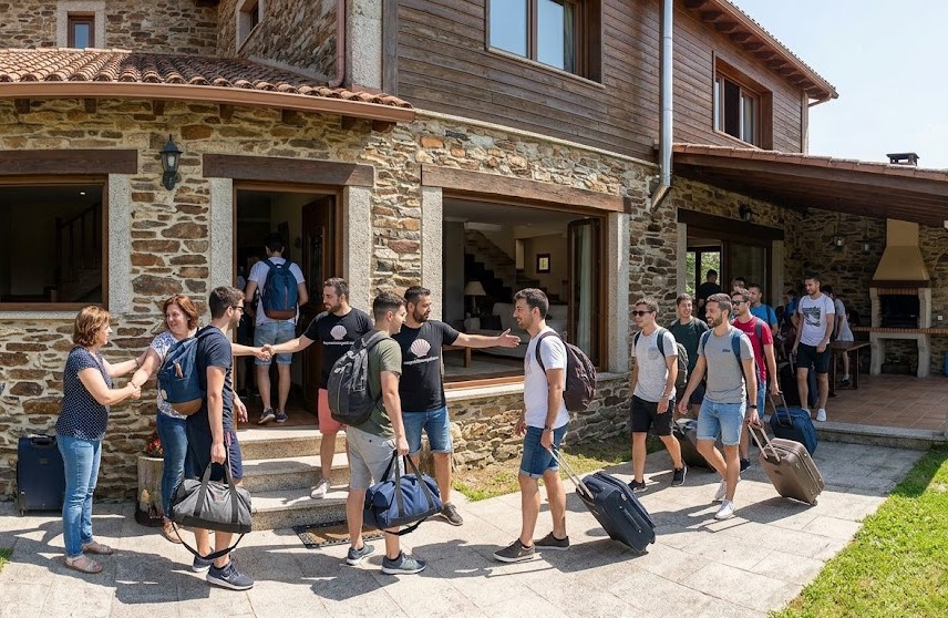 Un grupo de 14 chicos con mochilas llega a la Casa Rural da Vieira en Ourense saludando a la propiedad y al CEO de Despedidas en Galicia.