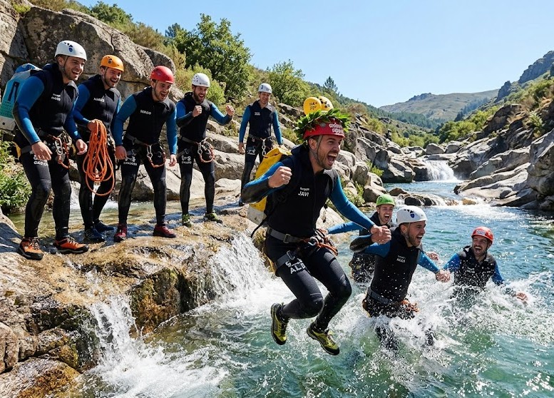 Grupo de amigos en una despedida de soltero saltando y riendo mientras hacen barranquismo en las Pozas de Melón, Ourense