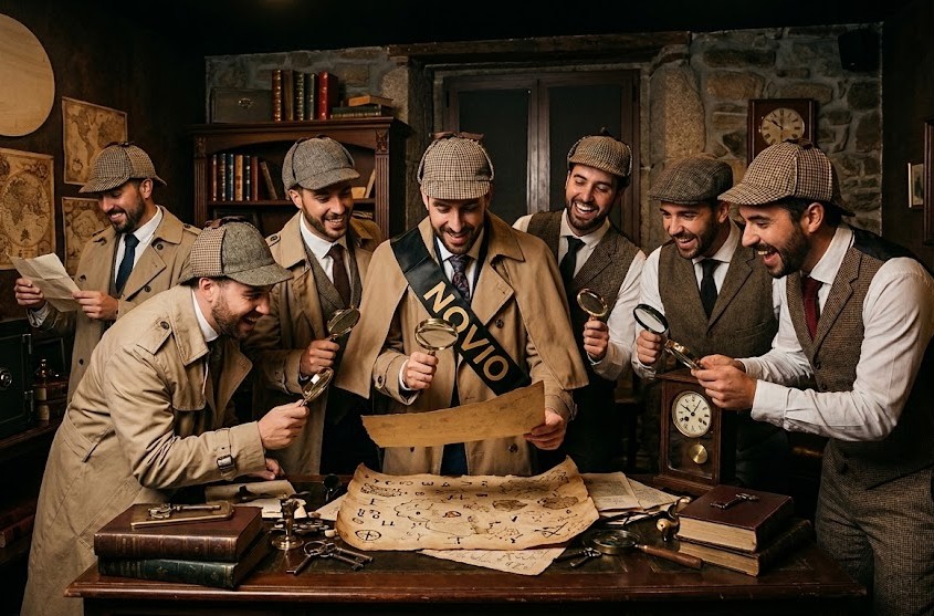 Grupo vestidos de Sherlock Holmes en escape room Lugo