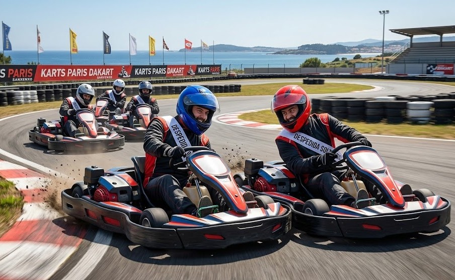 Carrera de karts en Sanxenxo para despedida de soltero con amigos compitiendo en el circuito Paris Dakart