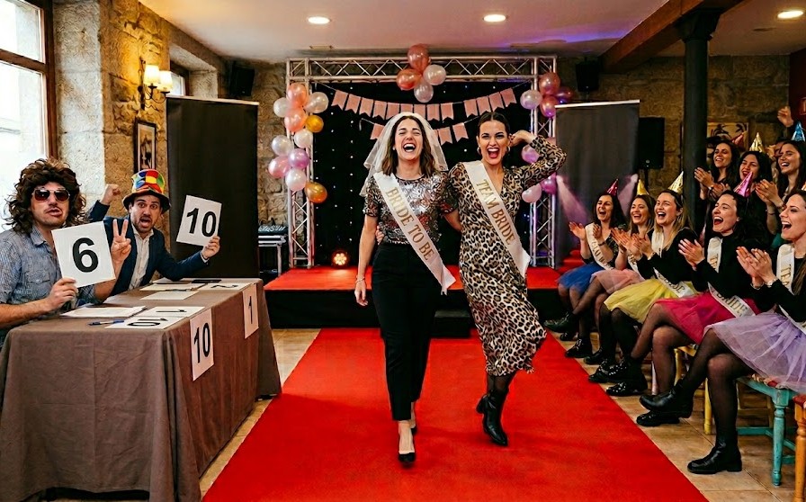 Chicas en una despedida de soltera en Ourense disfrutando de una pasarela de moda con jueces cómicos