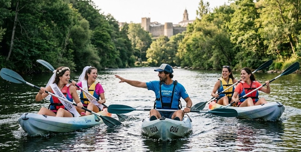 Grupo de chicas en kayaks dobles celebrando una despedida de soltera en el río Miño, Lugo, guiadas por un monitor profesional.