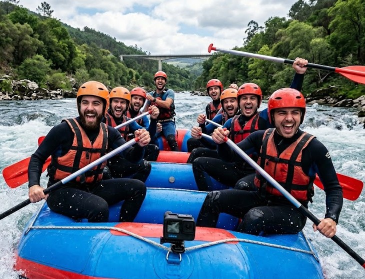 Grupo de chicos gritando de alegría haciendo rafting en el Río Miño