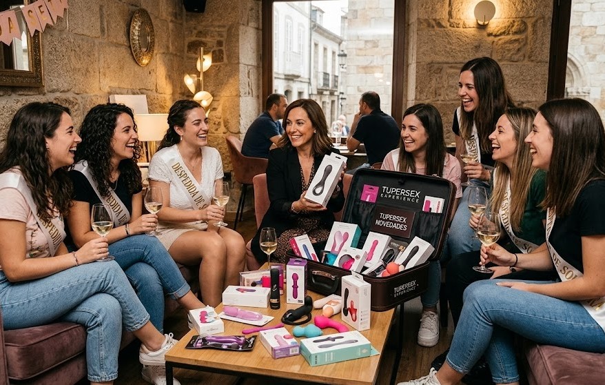 Grupo de amigas en una despedida de soltera en Lugo con asesora profesional y maleta de novedades íntimas