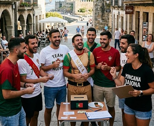 Grupo de portugueses riendo en una yincana urbana por el casco histórico de Baiona