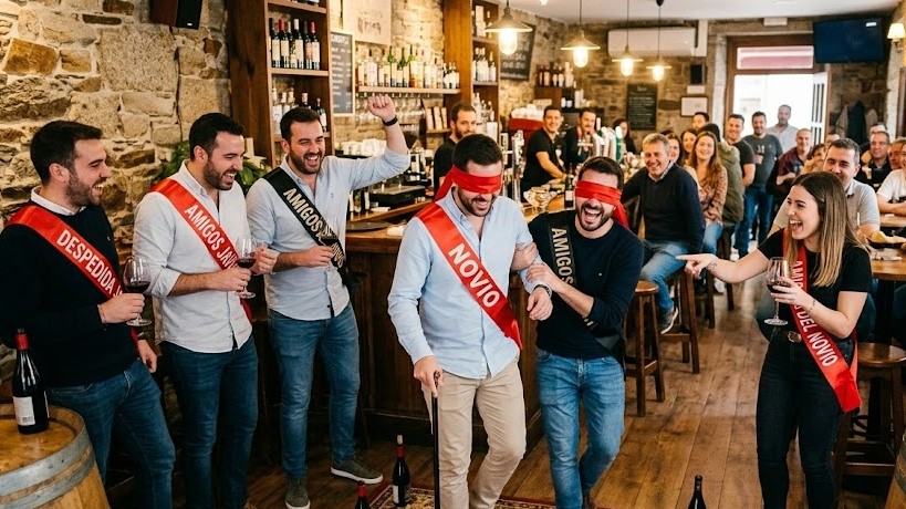 Amigos con ojos vendados en reto de yincana de vinos en Lugo